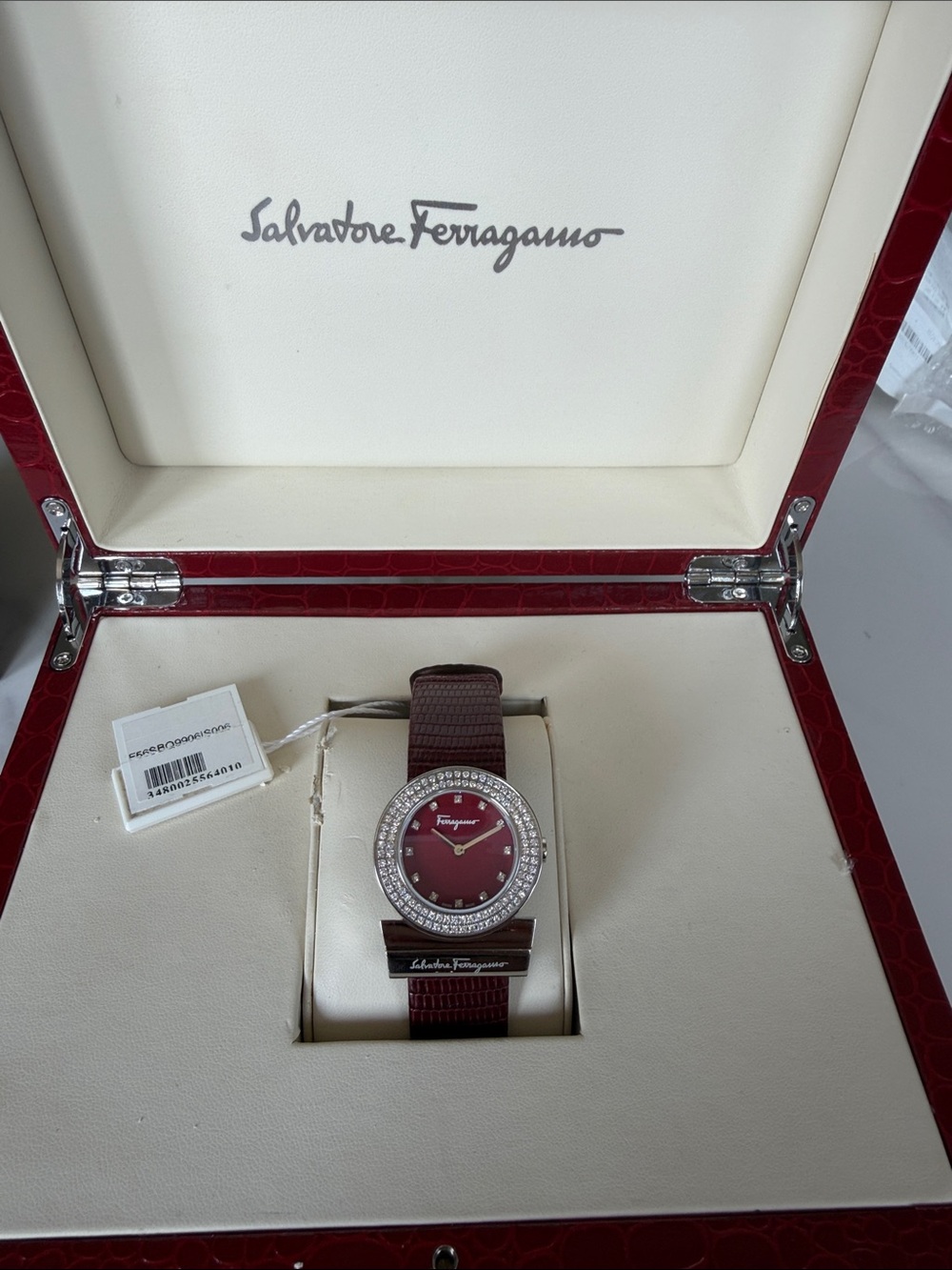 Salvatore Ferragamo Burgundy Lizard Leather & diamond Bezel Ladies Watch